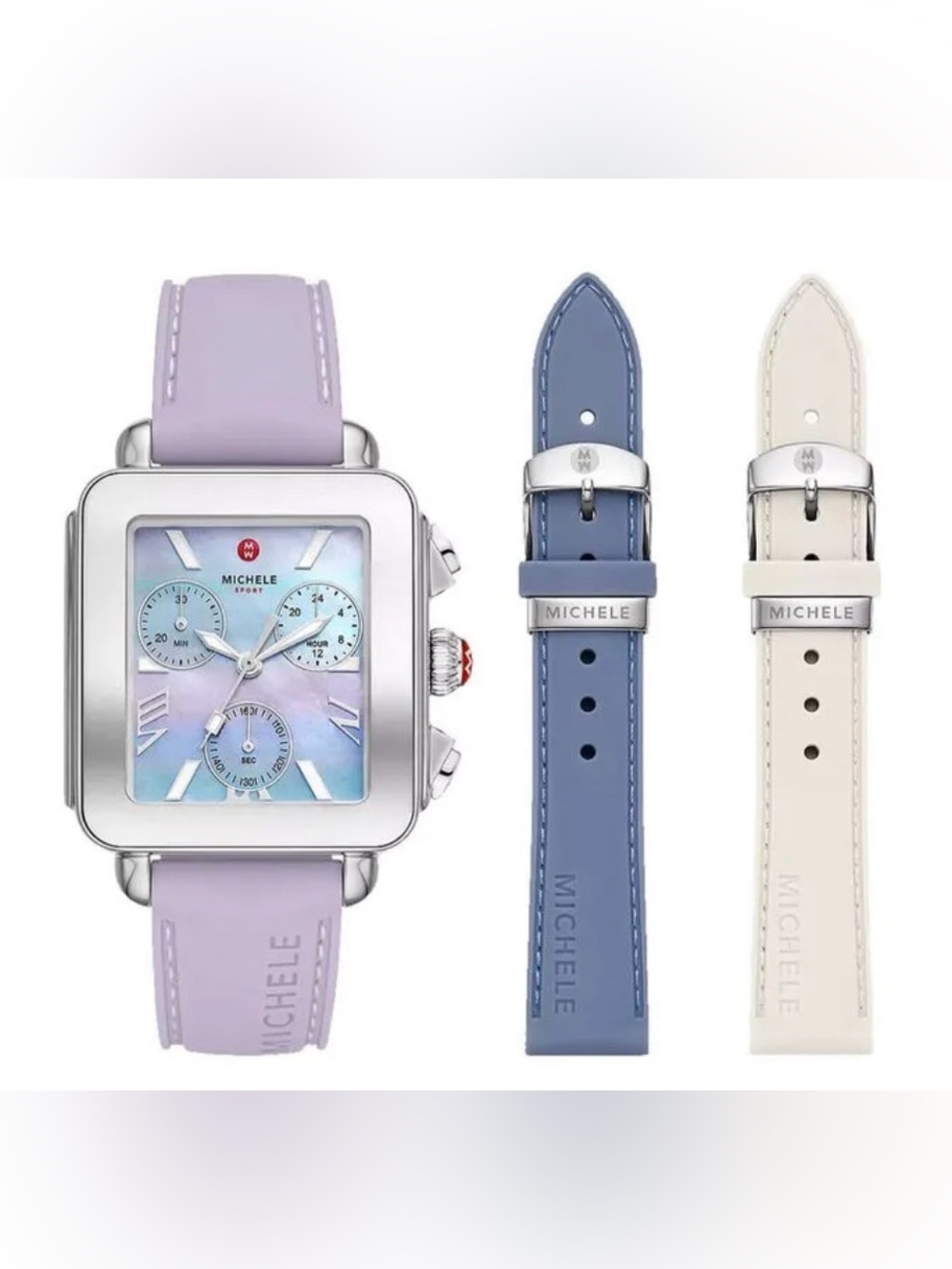 Michele Deco Sport Chronograph 36mm Watch with Lavender, Blue and Cream Straps